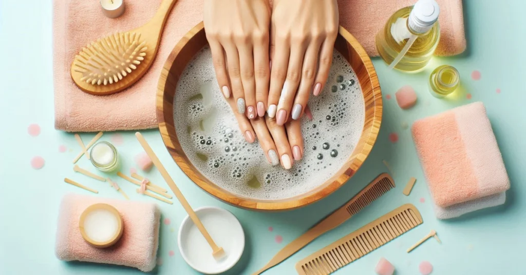 A close-up view of hands soaking in a bowl of warm soapy water