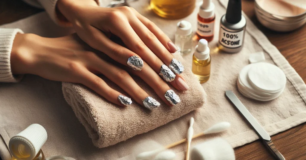 A pair of hands wrapped in small aluminum foil pieces at the fingertips, resting on a towel.