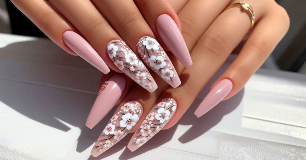Delicate floral designs on long coffin nails, with small white flowers on a pastel pink base.