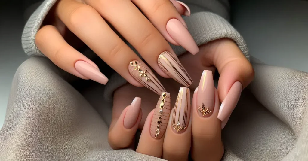 Nude coffin nails with delicate gold accents in thin stripes or geometric patterns.