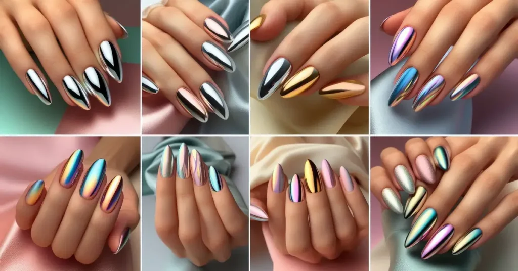 A collage of different chrome powder nail styles