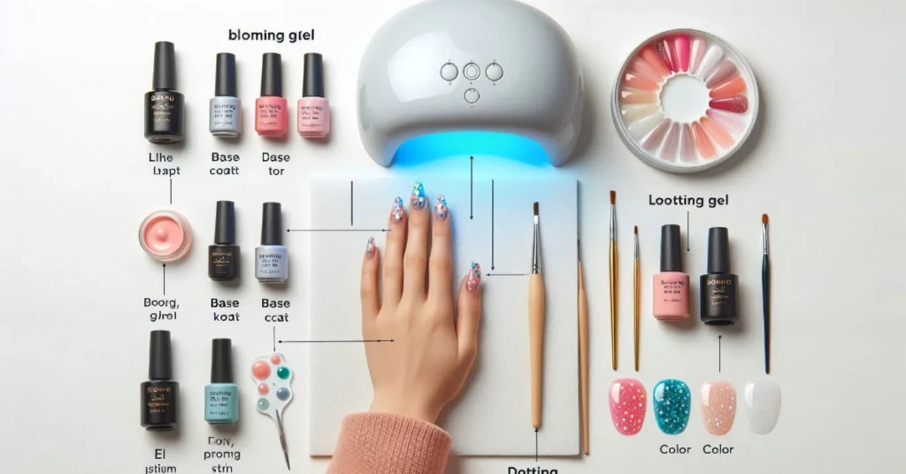 A flat-lay photo showing the step-by-step process of applying blooming gel nails