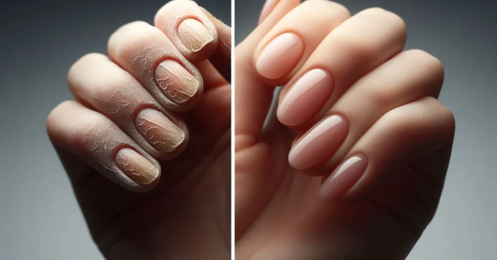 A side-by-side comparison image showing a close-up of fingernails.