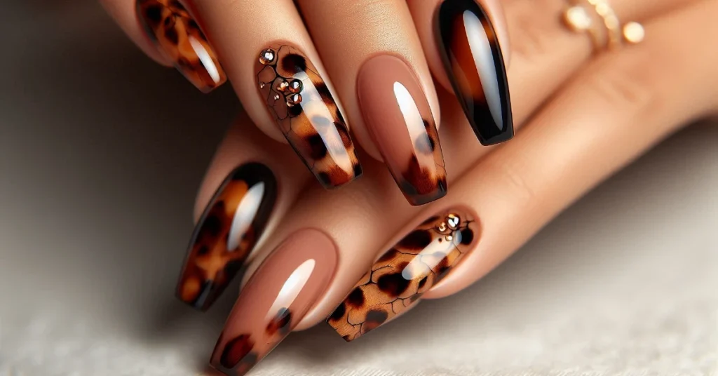 Elegant tortoiseshell nails with a warm amber and caramel base, decorated with organic brown and black spots
