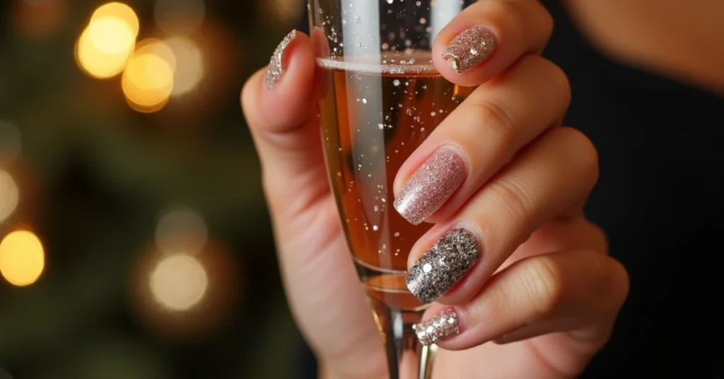How to Create Sparkly New Year's Eve Nail Art Using Glitter and Rhinestones?