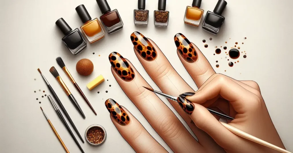 The DIY process of creating tortoiseshell nails.