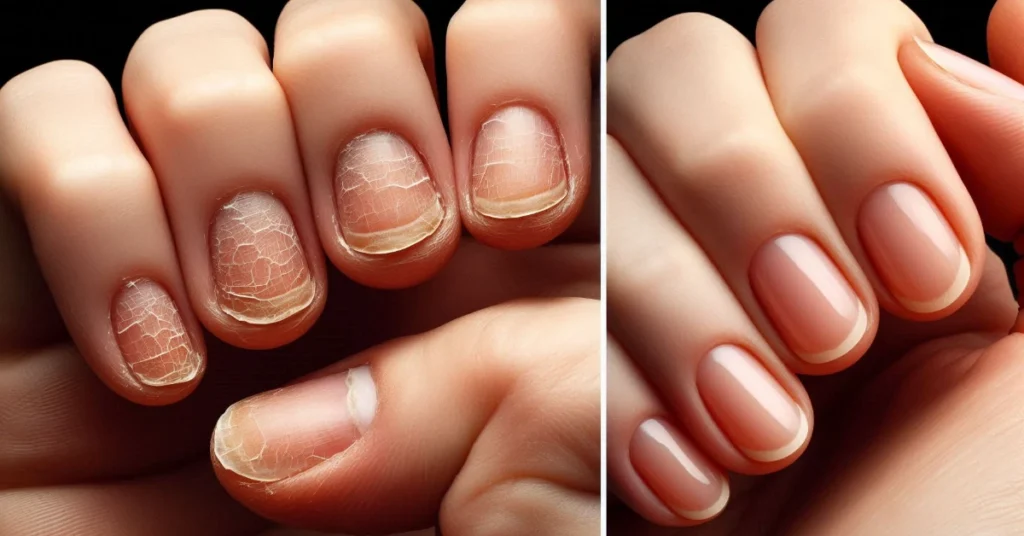 side by side image showing before and after nail care