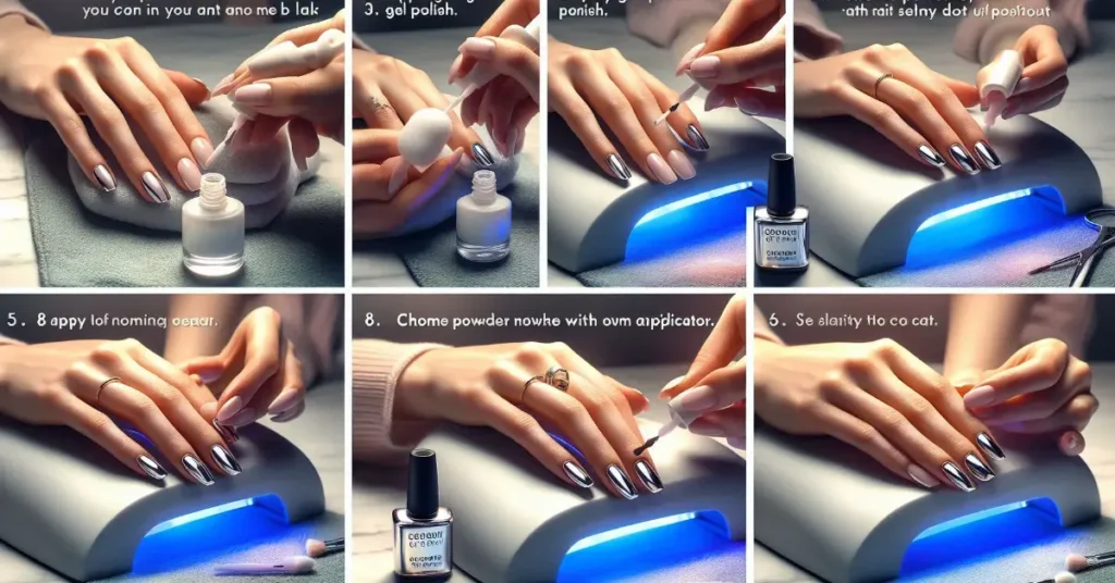 step-by-step visual showing a person applying chrome powder nails at home